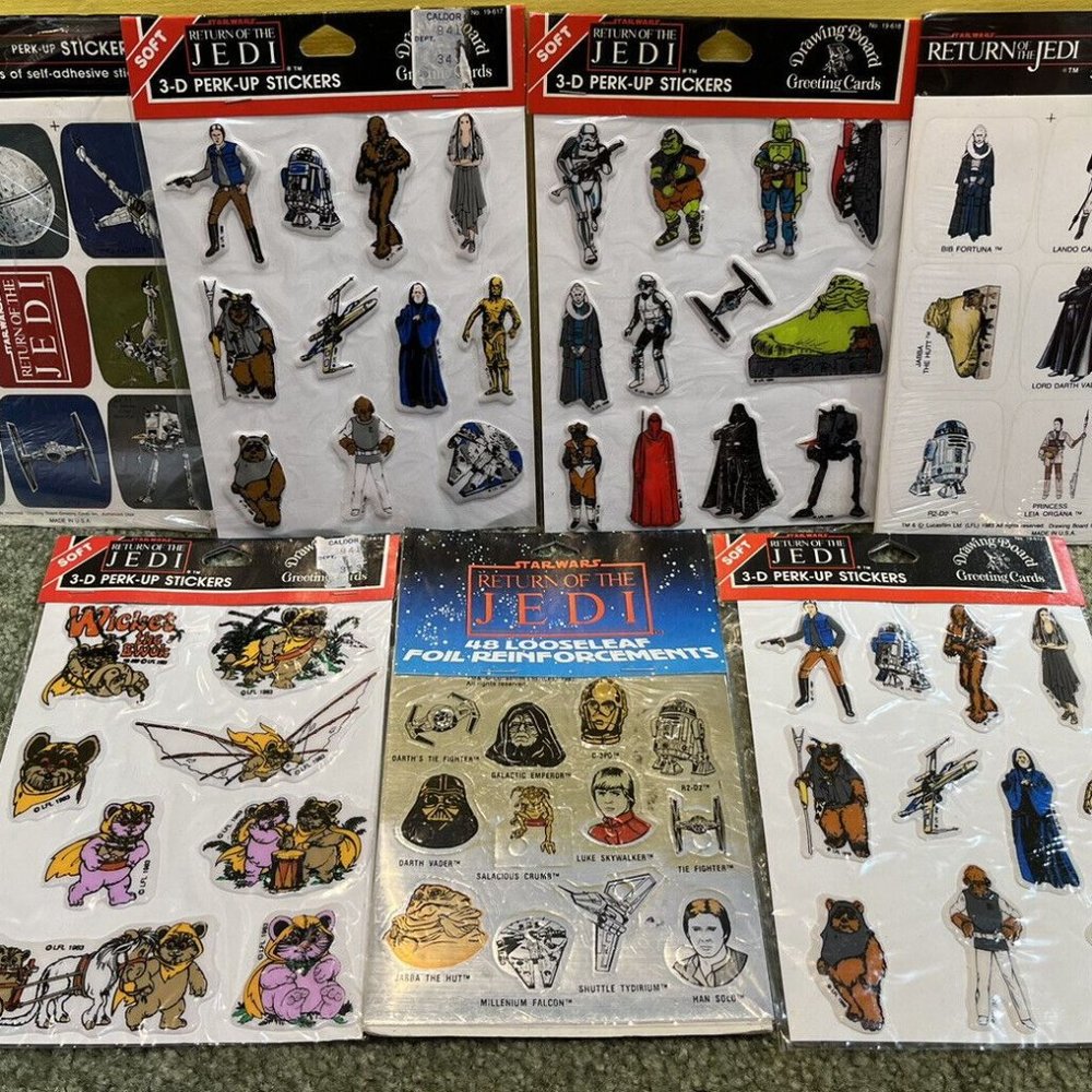7 Sealed Star Wars RETURN OF JEDI 3-D PERK-UP STICKERS (1983) NEW! Foils, Ewoks!